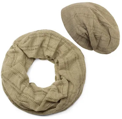 Produktbild von styleBREAKER Uni Feinstrick Loop Schal und Beanie Mütze Set Einfarbig mit Lochstrick Muster, 2-Teilig 01018229