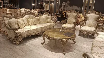 Produktbild von Casa Padrino Luxus Barock Wohnzimmer Set Gold / Grau - 2 Barock Sofas & 2 Barock Sessel & 1 Runder Barock Couchtisch - Luxus Wohnzimmer Möbel im Barockstil - Edel & Prunkvoll