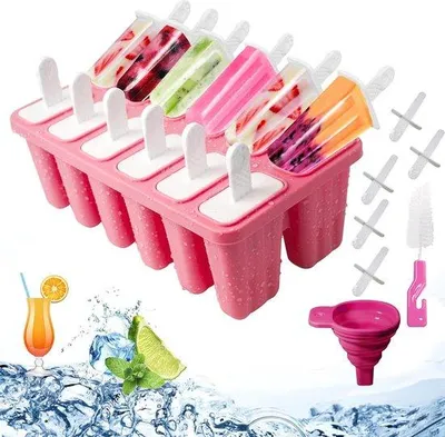 Produktbild von Silikonische Eisformen, 12 hohle Räume, Eisstäbchenformen, Selbstbauspiel, rote Silikonformen mit Reinigungsschwamm und Borste, BPA-frei