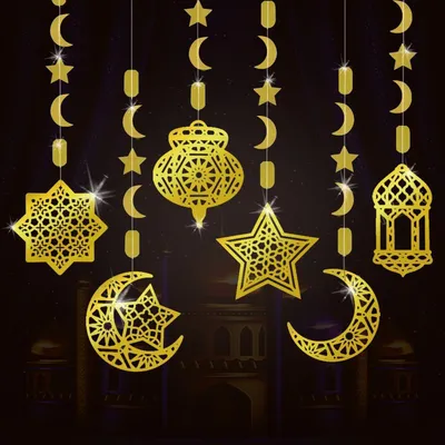 Obrázok produktu pre Eid Mubarak – girlandy, dekorácie, 6 kusov, zlaté hviezdy, mesiace, prívesky, dekorácie na oslavu Ramadánu, ozdobné girlandy
