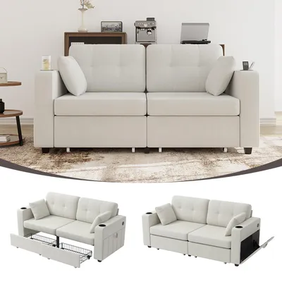 Produktbild von Moderne Polstercouch mit versteckten Fächern, 2-Sitzer Sofa mit Stauraumschubladen, USB Ladeanschluss, Getränkehalter & Seitentaschen