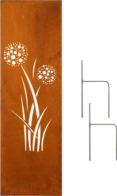 A metal garden decoration with a dandelion design and two metal stakes.