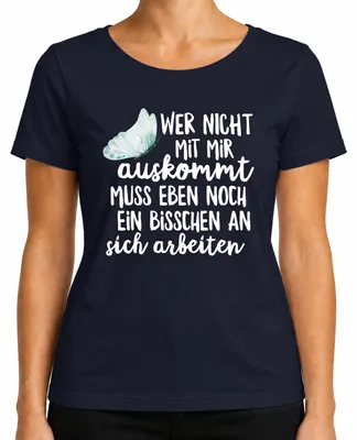 Productafbeelding van T-shirt voor dames, marineblauw, maat M. Opdruk: "Wie niet met me kan omgaan, mag me vermijden." (Humoristisch, sarcastisch, ironisch)