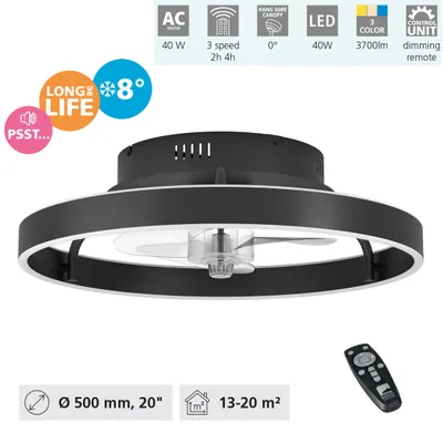 Productafbeelding van Plafondventilator met verlichting MARINELLA, zwart mat. Hoogte: 14,5 cm, diameter: 50 cm. Kleurtemperatuur: 2700-6500K. 3 dimbare standen, met afstandsbediening
