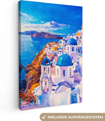 Produktbild von MuchoWow® - Leinwandbilder - Malerei - Griechenland - Wasser - Öl, Wandbild, Wanddeko Bilder Wohnzimmer, 80x120 cm