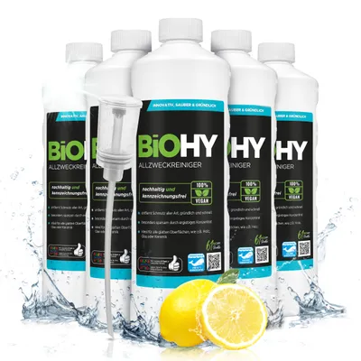 Produktbild von BiOHY Allzweckreiniger Konzentrat (6x1l Flasche) + Dosierer | Schonender Profi - Universalreiniger für Haushalt und Auto | vollständig biologisch abbaubar