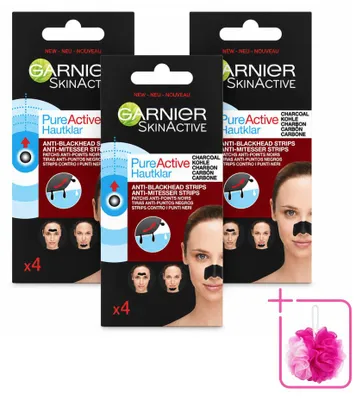 Produktbild von 3 x Garnier Pure Active Anti-Mitesser-Strips - Aktivkohle - Nase, Stirn & Kinn - Sparpackung - 3 Stücke