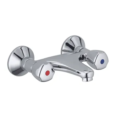 A chrome-finished wall-mounted faucet with red and blue indicators on the handles.