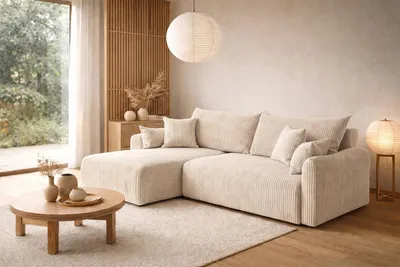 Productafbeelding van Kaiser meubelbank, hoekbank met slaapfunctie, corduroy stof Poso, beige, links, in Japandi-stijl