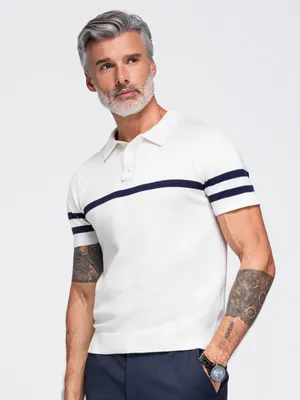 Image de OMBRE T-shirt polo, coupe classique, rayures, modèle OM-POSS-0177, blanc/bleu marine, taille XXL