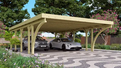 Produktbild von Doppelcarport Classic 3 Holz Überdachung Unterstand PVC-Dach inkl. zwei Einfahrtsbögen kesseldruckimprägniert 563x657,5x237 cm