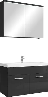 Produktbild von Badplaats Badmöbel Komplettset Paso 02 80 x 40 cm Schwarz Hochglanz - Badezimmermöbel mit Waschbecken und Spiegelschrank