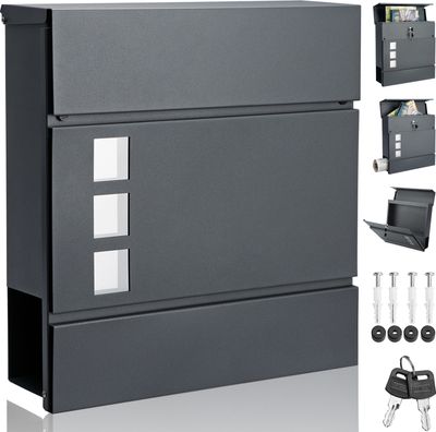 MONZANA® XXL Briefkasten Postkasten mit Zeitungsfach Sichtfenster abschließbar 2 Schlüssel Montagematerial Stahl modern einfache Montage Zeitungsrolle Wandbriefkasten Anthrazit
