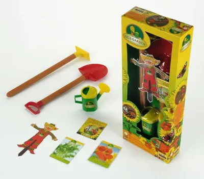 Produktbild von Gartenbeetset Spaten, Hacke, Planzsamen und eine kleine Giesskanne.