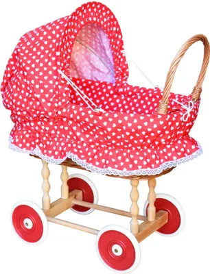 Produktbild von Puppenwagen aus Weide in Retro-Stil ROT MIT HERZCHEN Weidenpuppenwagen Weidenwagen Handarbeit CE