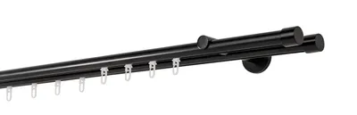 A close-up view of a double curtain rod system mounted on a wall.