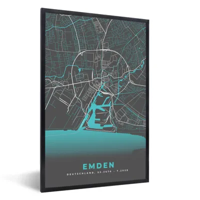 Produktbild von MuchoWow® Gerahmtes Poster Karte - Emden - Blau - Stadtplan - Deutschland 60x90 cm - Poster mit Schwarzem Bilderrahmen Wandposter Rahmen Foto Bilder - Kunst