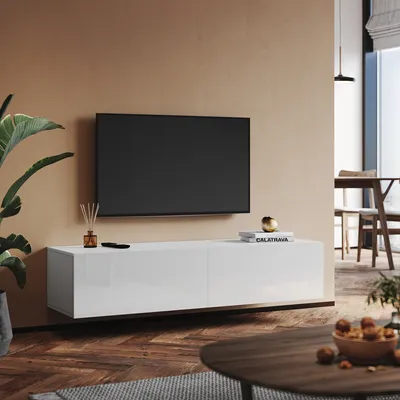 Produktbild von SONNI TV skříňky bílé lesklé závěsné dřevěné 140x40x30cm Nástěnné, stojací Nízká skříňka