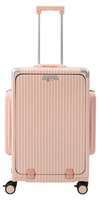 Obrázok produktu pre Kufor – 60 cm, kufrík s pevným obalom, s predným otváraním, 4 otočné kolieska, polykarbonátový obal, teleskopická rukoväť, zámok, ružová farba