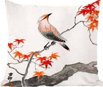 Produktbild von MuchoWow® Zierkissen Sofakissen Wohnzimmer Dekokissen 45x45 cm Vintage - Vogel - Baum - Japanischer Ahorn - Schlafpolster - Polster für das Sofa
