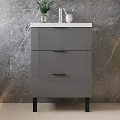 Produktbild von 60 cm Badmöbel-Set Unterschrank mit Mineralguss waschtisch 3 Schubladen und 2 Füßen Hochglanz Anthrazit soft-close Selbstmontierter
