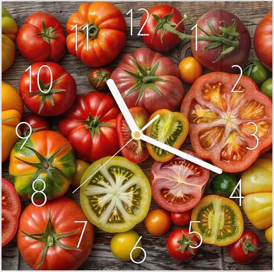 Produktbild von Wanduhr aus Glas mit Motiv Verschiedene Tomaten- 30 x 30 cm - inkl. Aufhängesystem