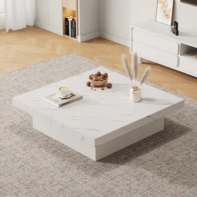 Produktbild von okwish Quadratischer Couchtisch mit Marmor-Optik, 90 x 90 x 25 cm – Vier Schubladen, Schiebbarer Tischplatte, Belastbar bis 30 kg, Weiß