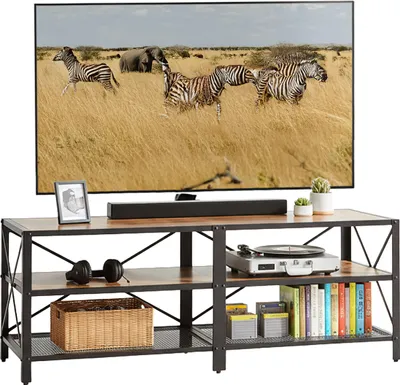 Produktbild von Relaxdays TV-Lowboard, 4 Fächer, offenes TV-Regal bis 60 Zoll, Fernsehtisch, HxBxT: 52 x 140 x 39 cm, braun/schwarz