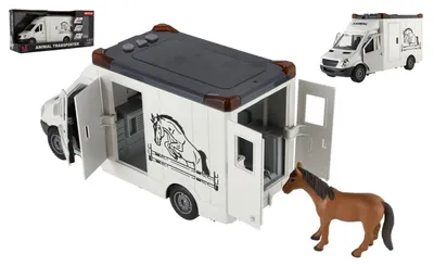 Immagine prodotto di Auto giocattolo per il trasporto di animali in plastica, 28 cm, con cavallo a molla, luci e suoni, grigia, nella confezione da 39x18 cm
