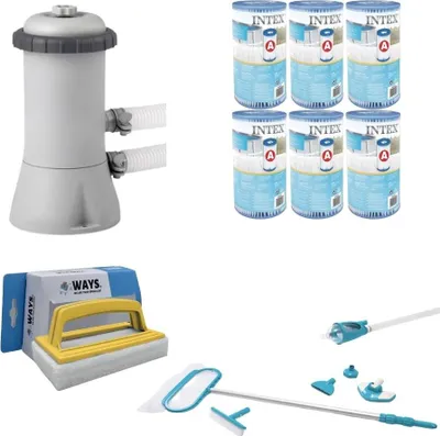 Productafbeelding van WAYS - Zwembadonderhoud - Onderhoudsset Deluxe & Filterpomp 2271 liter/uur & 6 filters type A & WAYS schuurborstel