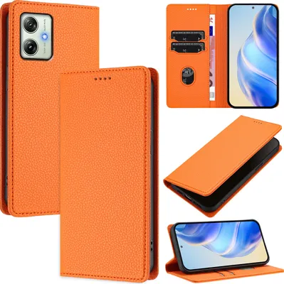 Obrázek produktu pro Kožené pouzdro pro Motorola Moto G54 Power, Litschi kůže, peněženkové pouzdro s přihrádkami na karty a stojánkem Pomerančový