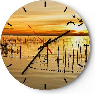 Produktbild von Wanduhr - Rund - Glasuhr - See Vogel Wasser - 30x30cm - Schleichendes Uhrwerk - Lautlos - zum Aufhängen bereit - Dekoration Modern - Wanddekoration aus Glas - C3AR30x30-3616