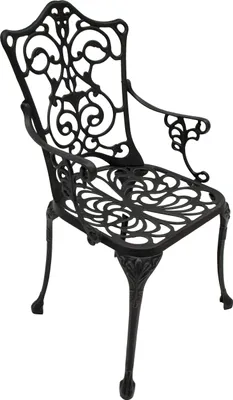 A black ornate chair on a white background.