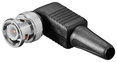 Produktbild von goobay BNC-Winkelstecker mit Schraubsverschluss, Kunststoffkappe, Schnellverschlussmit Gold Pin