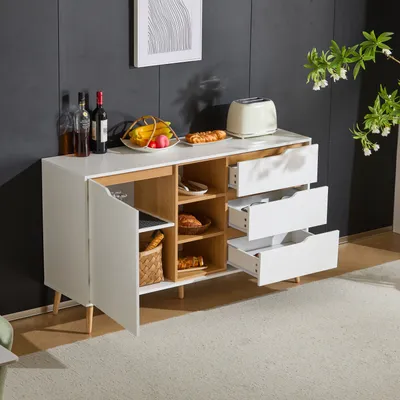 Immagine prodotto di Credenza AIORBER con ripiani regolabili, 3 cassetti, gambe in legno massiccio, maniglie a scomparsa, design antiribaltamento, per cucina, 140x40x80,5 cm, bianco