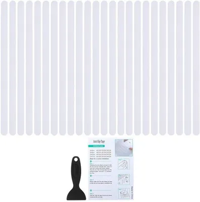 Image de Autocollants antidérapants pour salle de bain, lot de 24, blancs, 38 x 2 cm, avec bandes adhésives et raclette