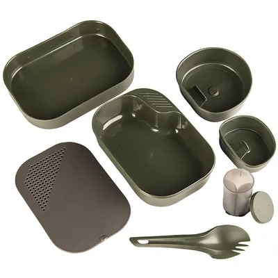 A set of camping cookware items arranged on a white background.