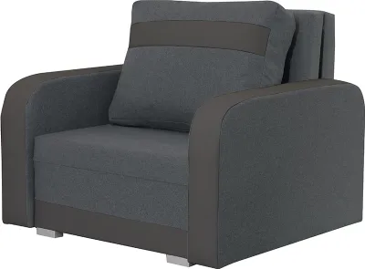 A studio shot of a dark gray and black armchair with a pillow.