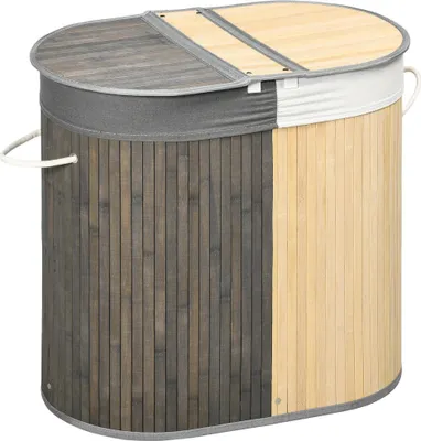 Image de Panier à linge en bambou - 100 l - 2 compartiments - Avec couvercle - 62,5 x 37 x 60,5 cm - Coton/polyester, métal