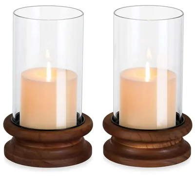 Produktbild von Set aus 2 Vintage Glaslaternen für Kerzen mit Holzsockel