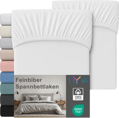 Produktbild von Feinbiber Spannbettlaken Deluxe für Matratzen bis 25 cm Steghöhe - Extra Warm & Weich, 100% Baumwolle, Bügelfrei, Vorgekrumpft, Farbe:Weiß, Größe:140x200 cm (2er Set)