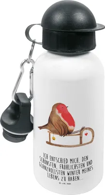 Produktbild von Mr. & Mrs. Panda Wasserflasche Rotkehlchen Schlitten - Weiß - Geschenk, Sportflasche, Trinkflasche, Kinder, Kindertrinkflasche, für den Kindergarten, Weihnachten, Vogel