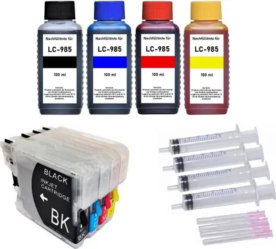 Image de Jeu de cartouches d'encre rechargeables compatible avec Brother LC-985 + 4 x 100 ml d'encre de recharge noir cyan magenta jaune pour Brother DCP-J125, DCP-J315, DCP-J515, MFC-J220, MFC-J265, MFC-J410, MFC-J415