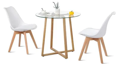 Produktbild von Essgruppe Esstisch mit 2 Stühlen Rund Glas Weiß Buche 80x80x75 cm