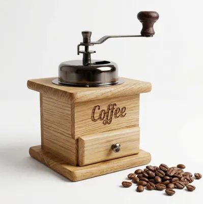 Produktbild von KLASSISCHE HANDMÜHLE AUS EICHE FÜR RETRO-KAFFEE MIT SCHUBLADE UND EINSTELLUNG Gravur