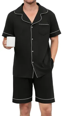 Immagine prodotto di Inovra - Pigiama da uomo in cotone - Pigiama corto - Set composto da due pezzi - Set per il tempo libero - Cordoncino regolabile - Elegante colletto a revers - Abbigliamento da casa