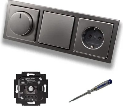 Produktbild von Busch Jäger 6523UR-103 LED Drehdimmer Dimmer + Dimmerscheibe 6540-866-102 + Lichtschalter 2000/6US + Steckdose 20EUC-866 PUR Edelstahl + EBROM Phasenprüfer z. Montage d. Geräte 6523 UR-103