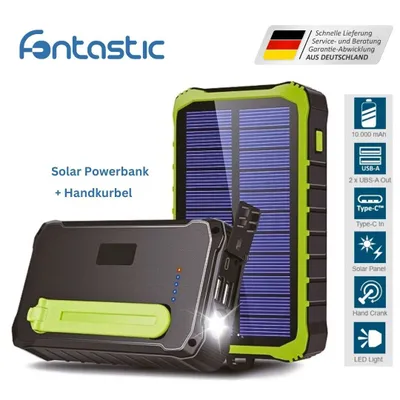 Produktbild von Fontastic Solar Outdoor Power Bank Crank10 10000mAh schwarz Solarpanel, Handkurbel, Taschenlampe, USB-A, Typ-C