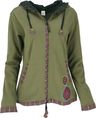 Produktbild von Nepal Ethno Jacke, Bestickte Boho Jacke - Olivgrün, Damen, Baumwolle, Größe: M