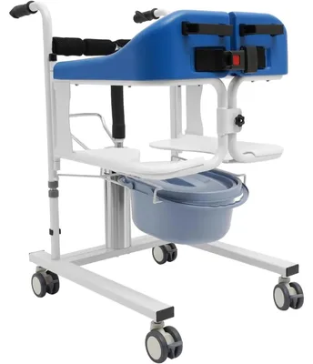 Obrázek produktu pro Převozní křeslo pro pacienty – hydraulický sprchový/toaletní vozík – 4 kolečka s brzdami – výška zdvihu 42–61 cm – nosnost 90 kg – opěradlo 180° – rozměry 61×51 cm